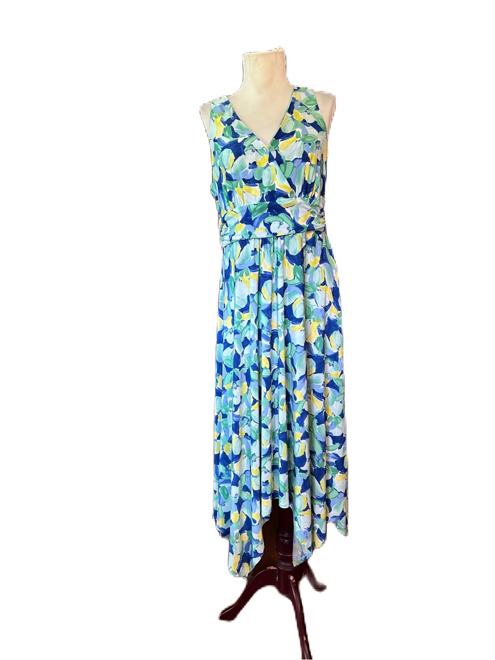 Pappagallo Blue Floral Sleeveless Maxi Dress with Aqua and Yellow Floral Pattern